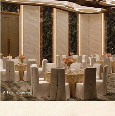 Banquet hall in the indoor social zone at Club Regalia, Gaur Alaris