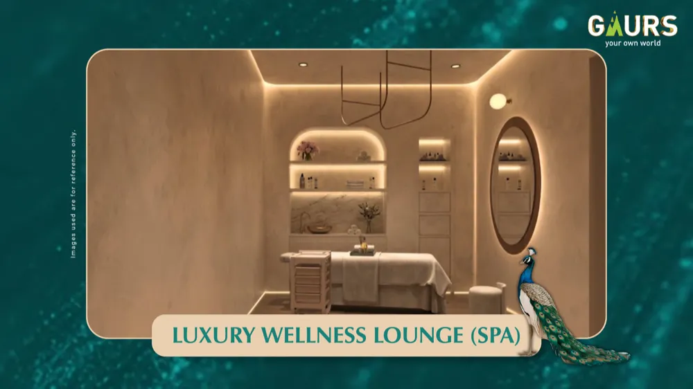 Luxury Wellness Lounge (Spa) at Gaur Alaris clubhouse, treatment room with marble-topped bench and mirror