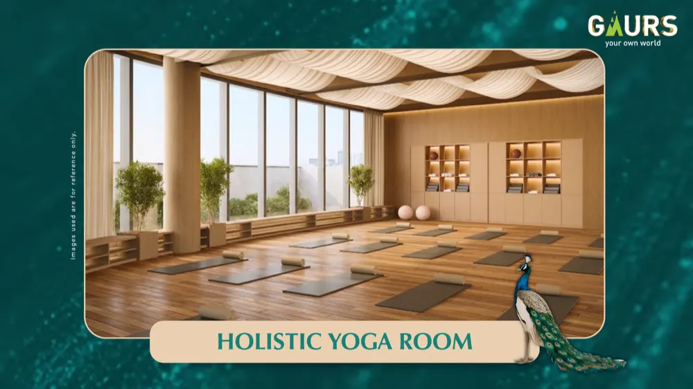 Holistic Yoga Room at Gaur Alaris clubhouse with floor-to-ceiling windows and natural light