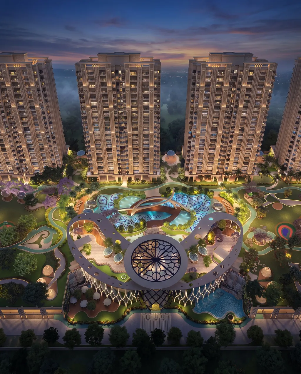 Aerial dusk view of Club Regalia — the peacock-inspired clubhouse and eye-patterned pools between the lit towers (builder render, artistic visualization)